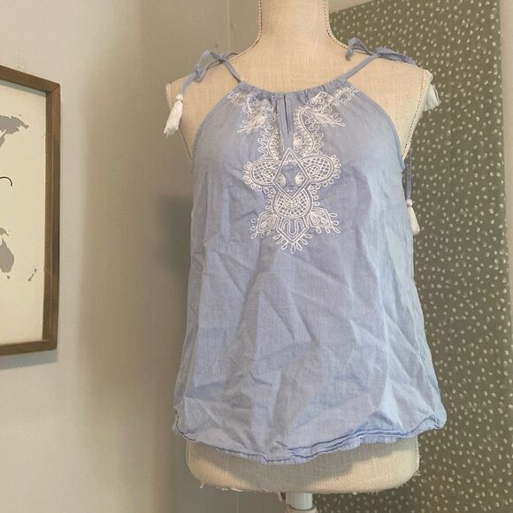 Vineyard Vines Light Blue Embroidered Lightweight Tie Strap Tank Blouse Sz 00 - Picture 1 of 7